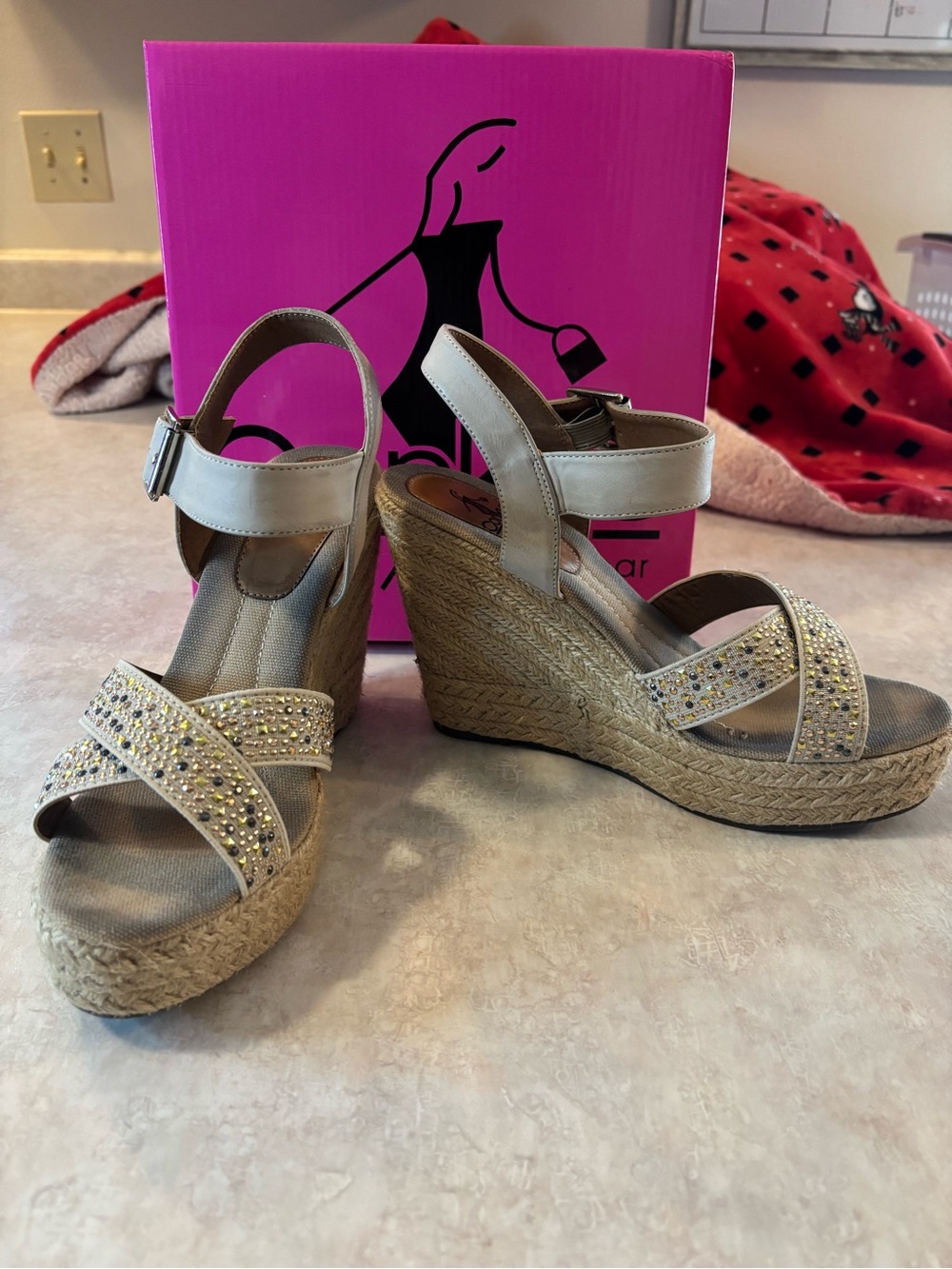 Corkys Beaded Espadrille Wedge Sandals in Beige